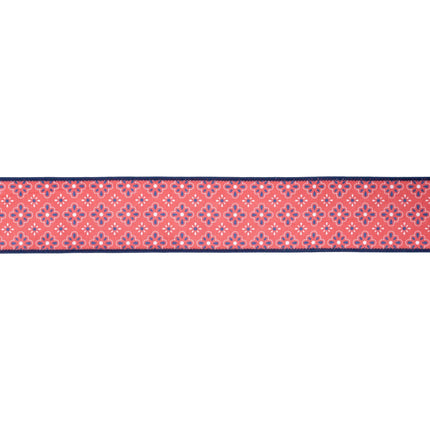 Medium width vintage red blue flower wired ribbon navy stitched edges ideal for Fourth of July front door decor 