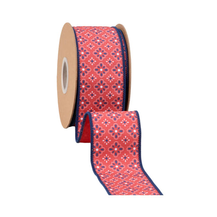 Red background geometric floral wired ribbon roll matching red reverse perfect for gift basket wrapping