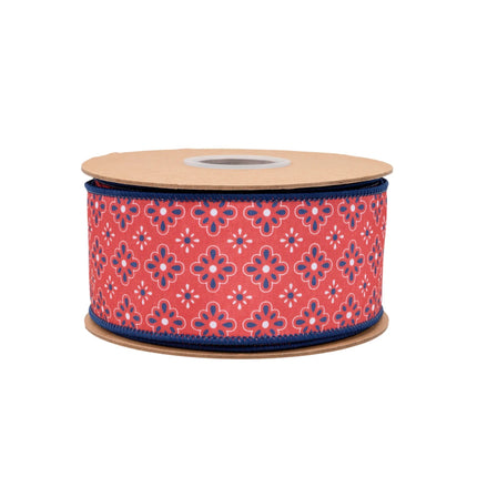 2 1/2" Red White Blue Diamond Floral Wired Dupioni Ribbon symmetrical floral grid full red backing