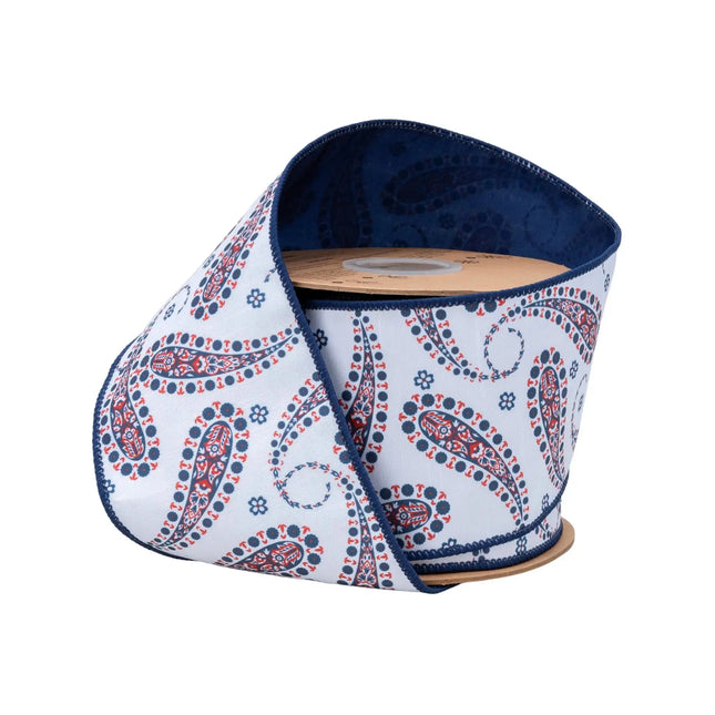 4" Wired Dupioni Ribbon with Blue Paisley on White and Blue Backing