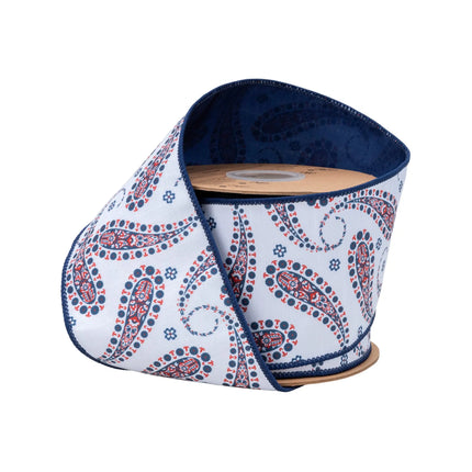 4" Wired Dupioni Ribbon with Blue Paisley on White and Blue Backing