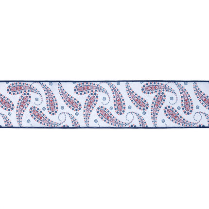 4-inch wired ribbon featuring blue paisley pattern on white base with blue backing