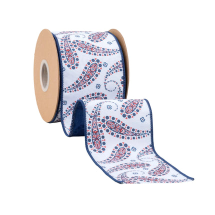Blue paisley wired dupioni ribbon, 4" width, white background with blue reverse side