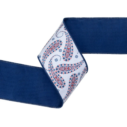 4" blue paisley on white wired ribbon with solid blue backing