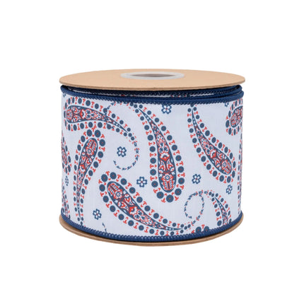 White-based wired dupioni ribbon, 4 inches, with blue paisley print and blue reverse