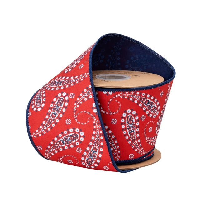 4" Wired Dupioni Ribbon | White Paisley on Red w/ Blue Backing | 10 Yard Roll LaRibbons and Crafts