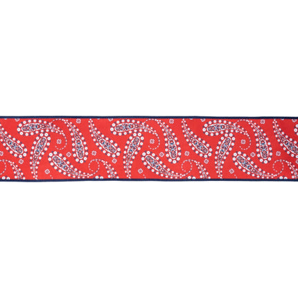 Wide red white blue paisley wired ribbon dark blue stitched edges ideal for Memorial Day front door decor 