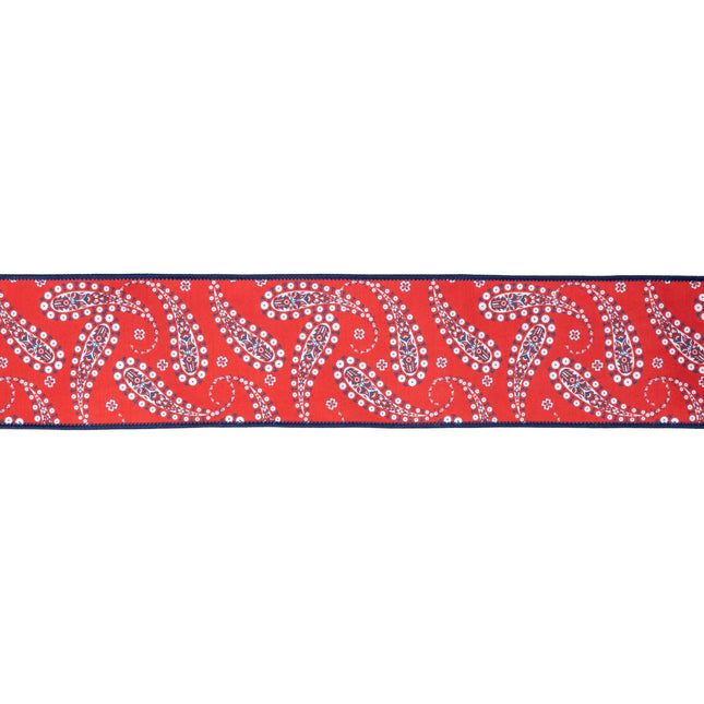 4" Wired Dupioni Ribbon | White Paisley on Red w/ Blue Backing | 10 Yard Roll LaRibbons and Crafts