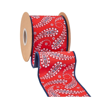 Vibrant red paisley patterned wired ribbon roll solid deep blue reverse perfect for holiday gift wrapping