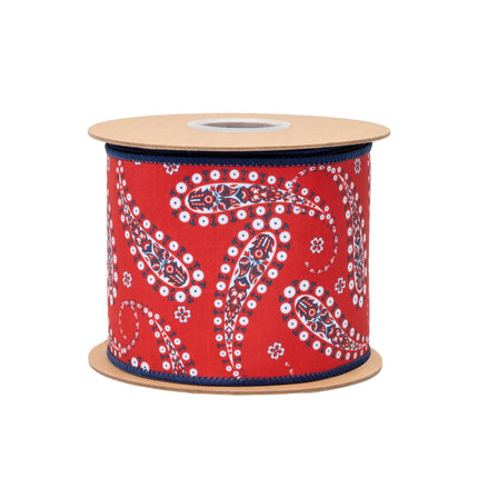 4 inch White Paisley on Red Wired Dupioni Ribbon retro teardrop motif full blue backing