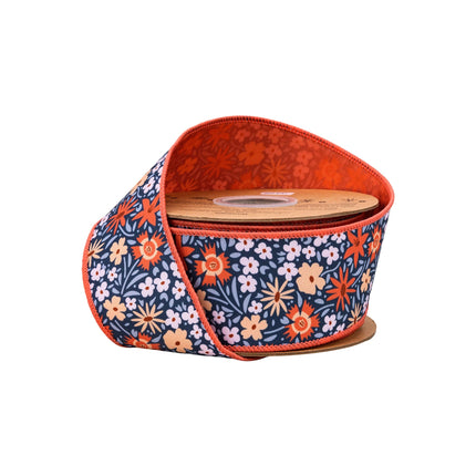 2 1/2" Wired Wired Ribbon | Ditzy Floral on Blue w/ Orange Backing | 10 Yard Roll LaRibbons and Crafts