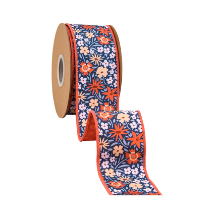 2 1/2" Wired Wired Ribbon | Ditzy Floral on Blue w/ Orange Backing | 10 Yard Roll LaRibbons and Crafts