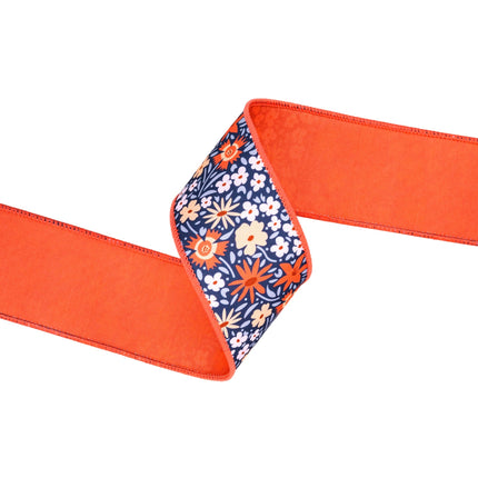 2 1/2" Wired Wired Ribbon | Ditzy Floral on Blue w/ Orange Backing | 10 Yard Roll LaRibbons and Crafts