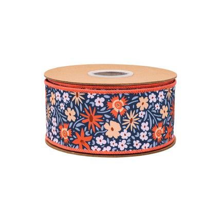 2 1/2" Wired Wired Ribbon | Ditzy Floral on Blue w/ Orange Backing | 10 Yard Roll LaRibbons and Crafts