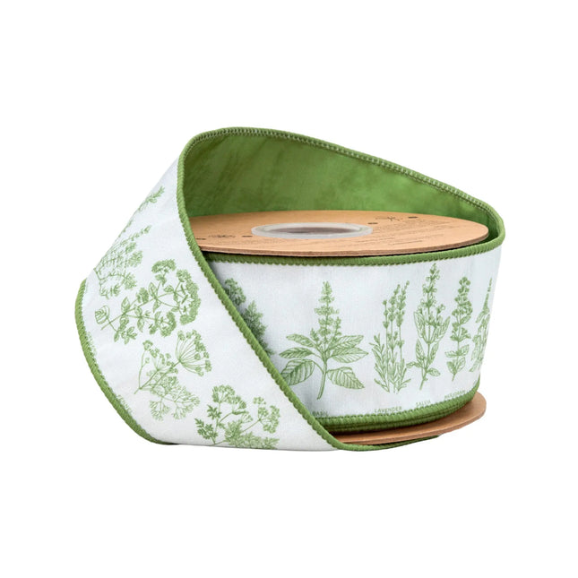 2 1/2" Wired Dupioni Ribbon with herb sprigs on white and green backing, adds rustic charm to gift wrapping
