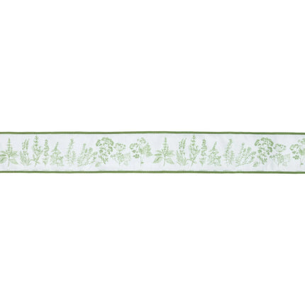 Herb sprigs on white 2 1/2" Wired Dupioni Ribbon with green backing, perfect for  table styling