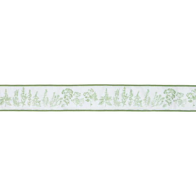 Herb sprigs on white 2 1/2" Wired Dupioni Ribbon with green backing, perfect for  table styling