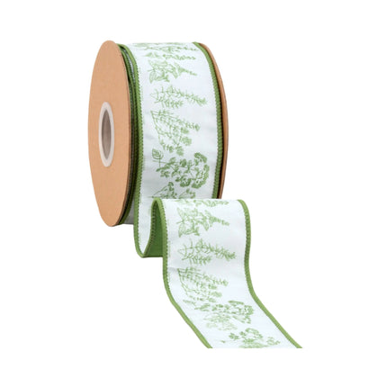 Green backed 2 1/2" Wired Dupioni Ribbon with white herb sprig print, elevates spring decor