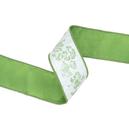 2 1/2" Wired Dupioni Ribbon, herb sprigs on white with green backing, enhances gift packaging