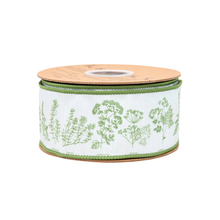 White base 2 1/2" Wired Dupioni Ribbon with herb sprigs and green backing, ideal for cottage-style crafts