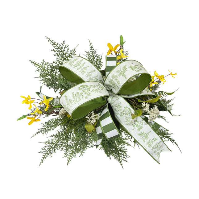 2 1/2" Wired Dupioni Ribbon | Herb Sprigs on White w/ Green Backing | 10 Yard Roll