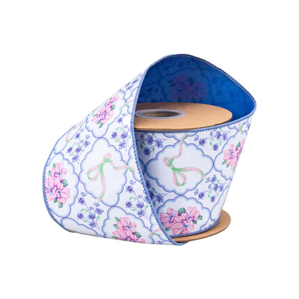 4" Wired Dupioni Ribbon | Bows and Floral Diamonds w/ Blue Backing | 10 Yard Roll LaRibbons and Crafts