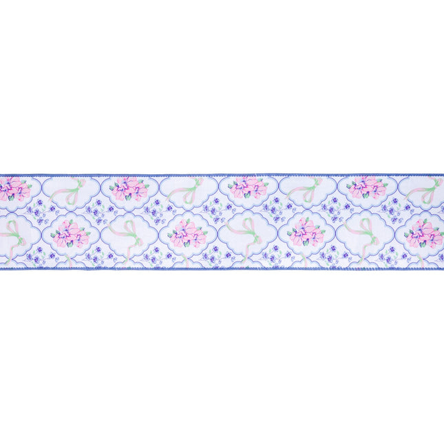 4" Wired Dupioni Ribbon | Bows and Floral Diamonds w/ Blue Backing | 10 Yard Roll LaRibbons and Crafts