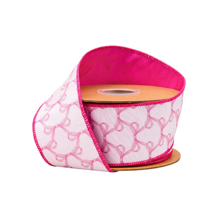 2 1/2" Wired Dupioni Ribbon with Pink Bows Pattern on White Base and Pink Backing