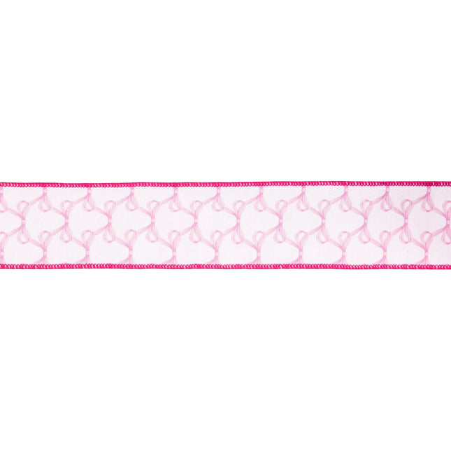 2 1/2" Wired Dupioni Ribbon | Pink Bows on White w/ Pink Backing | 10 Yard Roll LaRibbons and Crafts