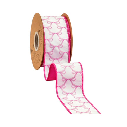 White dupioni ribbon with pink bow motif and pink reverse side, 2 1/2" wired edge