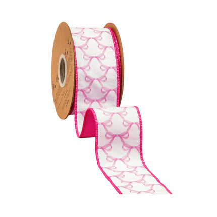 White dupioni ribbon with pink bow motif and pink reverse side, 2 1/2" wired edge
