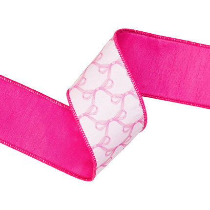 2 1/2" pink bow pattern wired dupioni ribbon with pink backing, ideal for spring decor