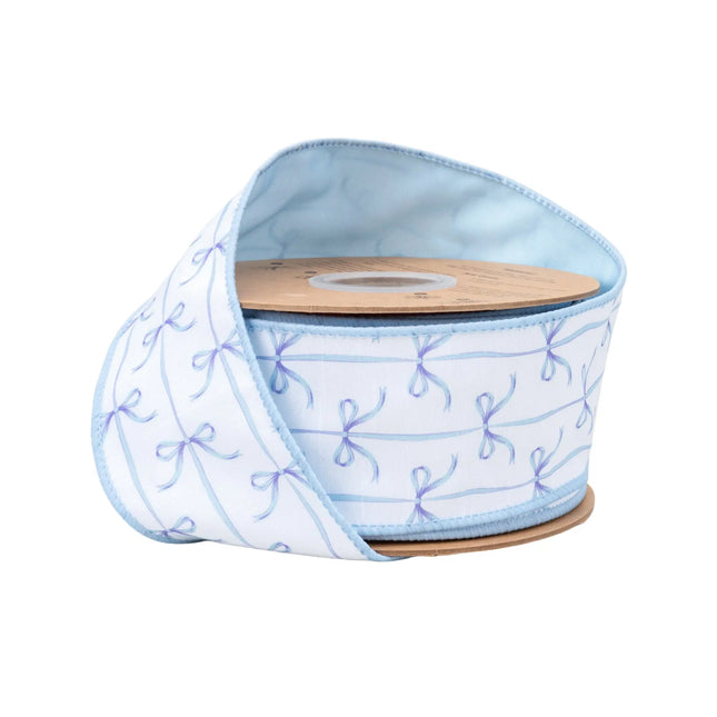 2 1/2" Wired Dupioni Ribbon with delicate blue bows on white and a soft blue backing, perfect for bridal shower decor
