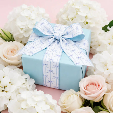 2 1/2" Wired Dupioni Ribbon | Blue Bows on White w/ Blue Backing | 10 Yard Roll LaRibbons and Crafts