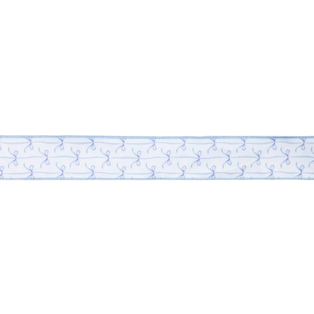 Blue bows on white 2 1/2" wired dupioni ribbon with blue backing, crafts elegant, romantic bows for wedding accents
