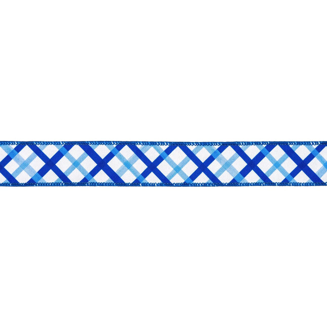 2 1/2" wired dupioni ribbon: dual-sided blue-white plaid & solid blue design – ideal for crafting