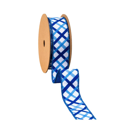 2 1/2" wired dupioni ribbon (blue-white plaid + blue backing) – reversible decorative ribbon perfect for wreath accents