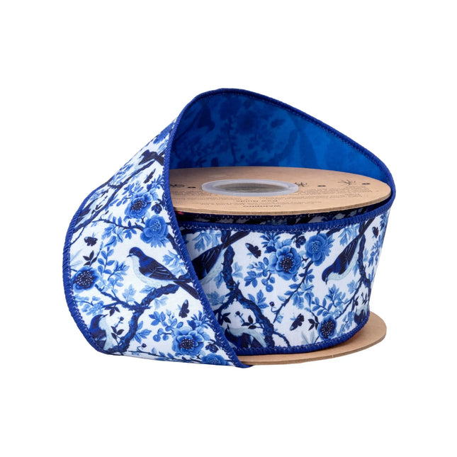 2 1/2" wired Dupioni ribbon, blue and white china birds and floral print with a rich blue backing, perfect for elegant home decor 