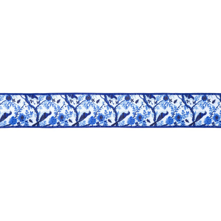 2 1/2" wired-edge Dupioni ribbon, classic blue and white china bird pattern, coordinating blue reverse