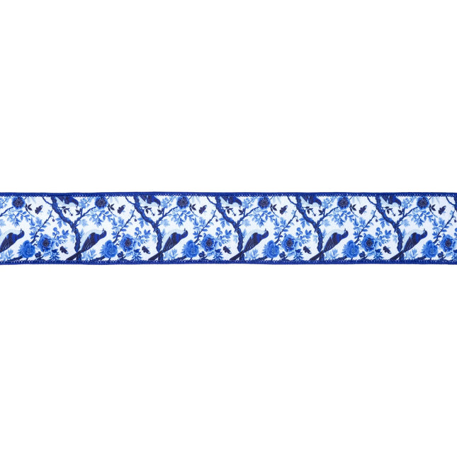 2 1/2" wired-edge Dupioni ribbon, classic blue and white china bird pattern, coordinating blue reverse