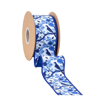 2 1/2" wired Dupioni ribbon, intricate blue and white bird and floral design, solid blue backing