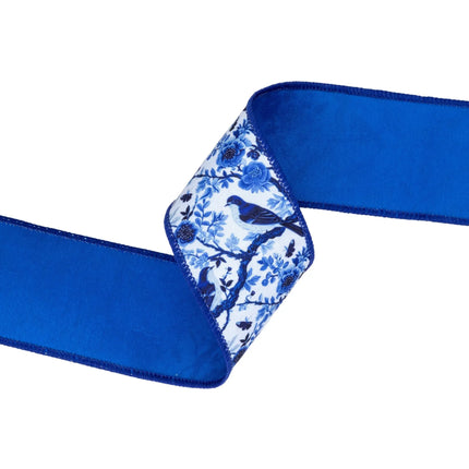 Wired 2 1/2" Dupioni ribbon, timeless blue and white china bird motif, smooth blue reverse, lovely for DIY crafts