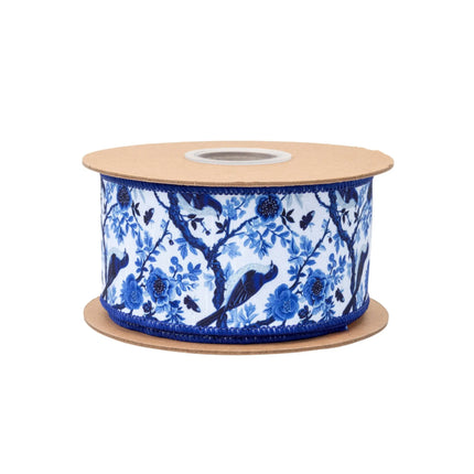 2 1/2" Dupioni ribbon with wired edges, delicate blue and white bird-and-floral print, bold blue backing, versatile for event styling.