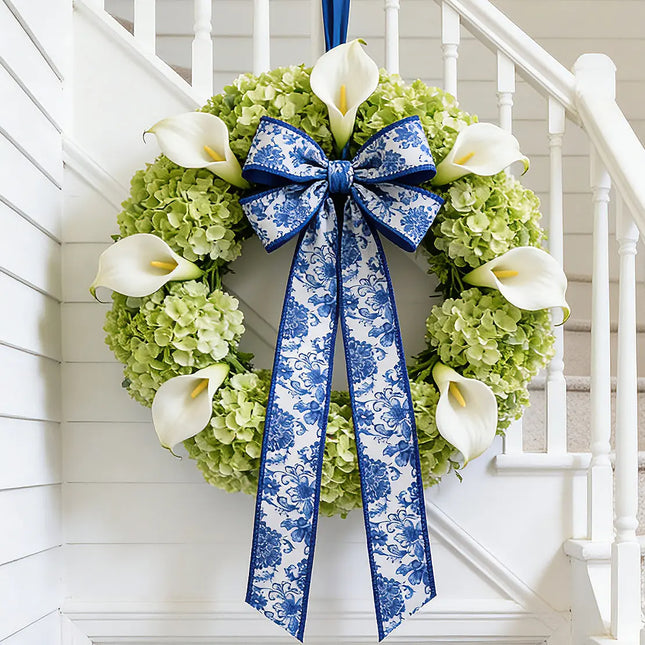 1 1/2" Wired Dupioni Ribbon | Blue and White Floral w/ Blue Backing | 10 Yard Roll