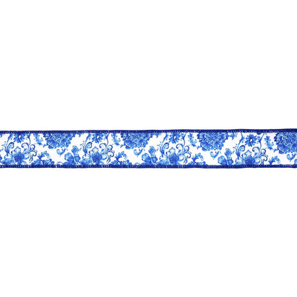 1 1/2" Wired Dupioni Ribbon | Blue and White Floral w/ Blue Backing | 10 Yard Roll LaRibbons and Crafts