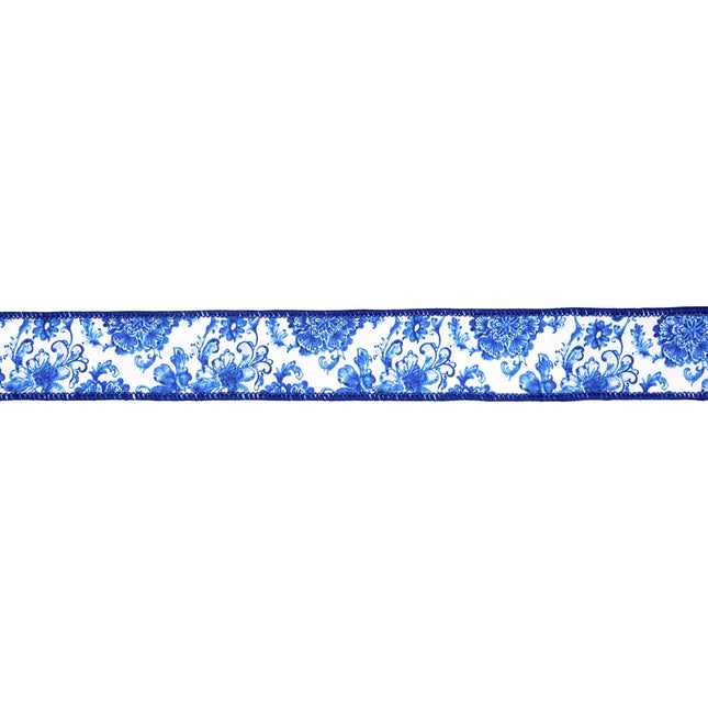 1 1/2" blue and white floral wired dupioni ribbon (blue backing) perfect for  refined craft project accents