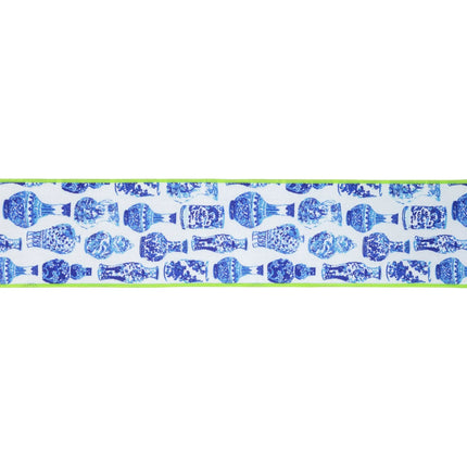 4" Wired Dupioni Ribbon | Blue and White China Pots w/ Lime Green Backing | 10 Yard Roll LaRibbons and Crafts
