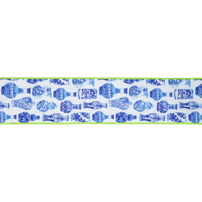 Blue/white china pot ribbon: lime edge, wired. Ideal for gift wrapping & decor.