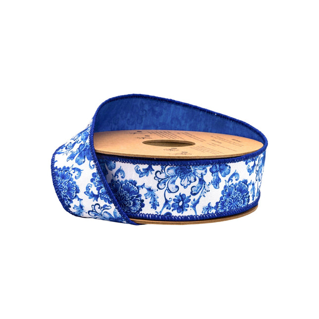 1 1/2" wired dupioni ribbon (blue and white floral, blue backing) ideal for elegant decorative bows