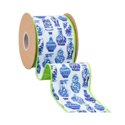 4" Wired Dupioni Ribbon | Blue and White China Pots w/ Lime Green Backing | 10 Yard Roll LaRibbons and Crafts